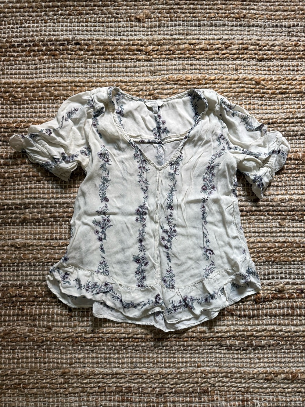 Lucky Brand Cream Floral V-Neck Ruffle Sleeve Blouse